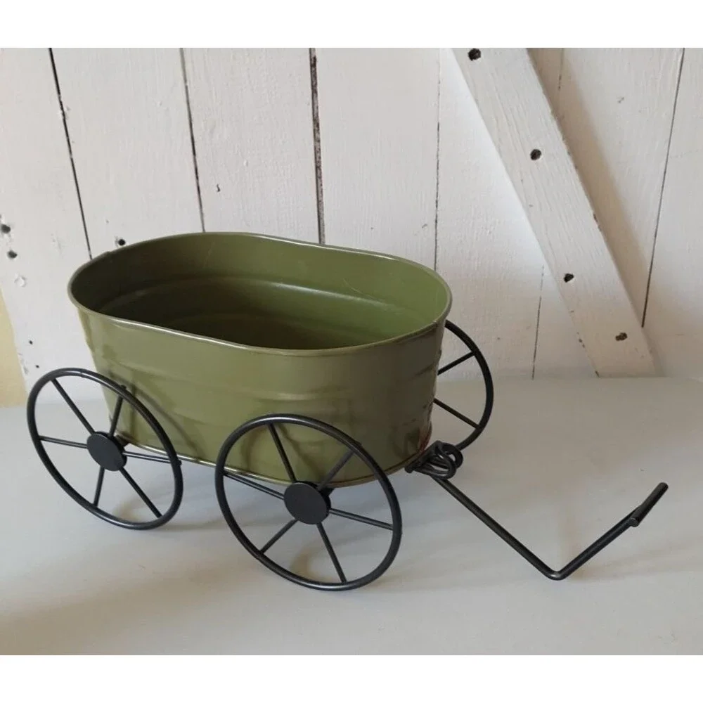 Olive Green Metal Wagon Planter w/ Rustic Black Wrought Iron Wheels Tabletop